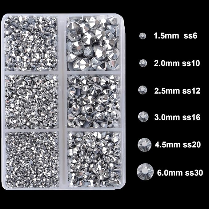 4000Pcs Mixed Size Hot Fix Round Crystals Gems Glass Stones Hotfix Flat Back Rhinestones (Labrador Silver)