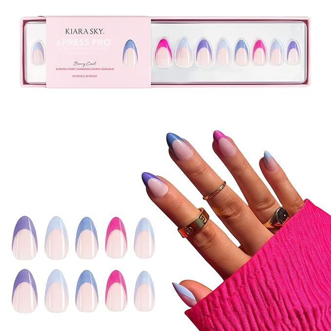 Kiara Sky Press On Nails | XPRESS PRO 100% Acrylic Nails | 30-Piece Kit Includes Nail Glue, Cuticle Pusher, File & Prep Pad | Short Almond - Berry Cool