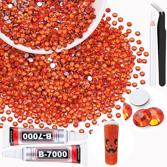 2500PCS SS10/2.8mm Crystal Rhinestones (Orange/Hyacinth) with 2Pcs 10ml B7000 Jewelry Glue, Bedazzling Flatback Glass Rhinestones for Crafting, Gems Diomand Charms for Tumbler Shoes Clothing Nail Art
