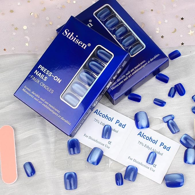 Blue Press on Nails Short Square Ice Blue Cat Eye Press on Nails Fashion Gel Fake Nails Reusable Acrylic Fake Nails Glossy Stick on Nails for Women Girls Gift Glue on Nails Kit