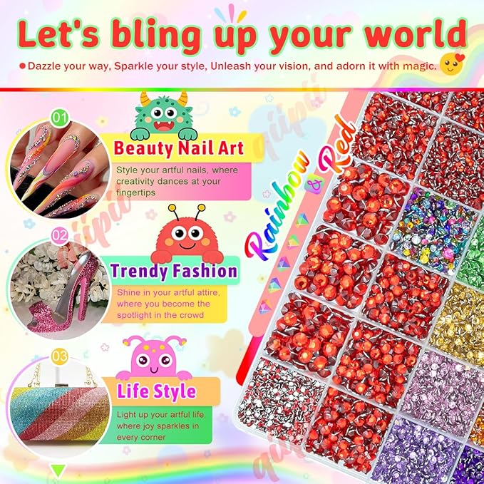 28 Grids Red 2mm-6mm Resin Rhinestones w B7000 Glue for Bedazzling Crafting Colorful Flatback Stones Diamonds Crystals Gems Bedazzler Kit for Nails Face Eyes Makeup Tumblers DIY Crafts