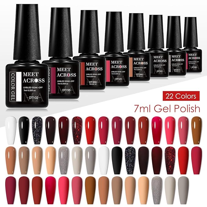 MEET ACROSS 30Pcs Nude Gel Polish 22 Colors Gel Nail Polish Set Black Red Skin Tones Series Neutral Brown Fall Winter Gel Nail Kit DIY Nail Art Salon Home Gift