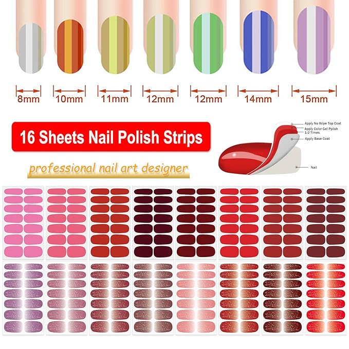 DANNEASY 16 Sheets Nail Polish Stickers Full Nail Wraps for Women Gradient Color&Glitter Fingernails Wrap Self Adhesive Nail Polish Strips Gel Nail Strips Manicure with File, Cuticle Stick