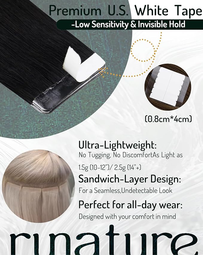 RUNATURE 24 Inch Tape in Hair Extensions Human Hair Black Seamless Tape in Extensions for Long Hair Striaght Remy Hair Extensions Tape Ins Soft Texture Black Layered 50g 20pcs