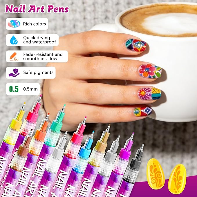 Nail Art Pens, 12 Color 0.5 MM Nail Polish Pens Set Drawing Point Painting Liner Painted Pen Kit, Waterproof Quick Dry Nail for DIY Nails Art Design Manicure Tools