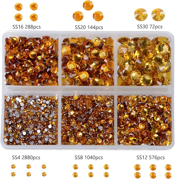 Bymitel 5000 Pieces 6 Mixed Sizes Glue Fix on Glass Rhinestones Round Crystal Gems Flatback for DIY Jewelry Making with one Picking Pen (6-Sizes 5000PCS, Topaz)