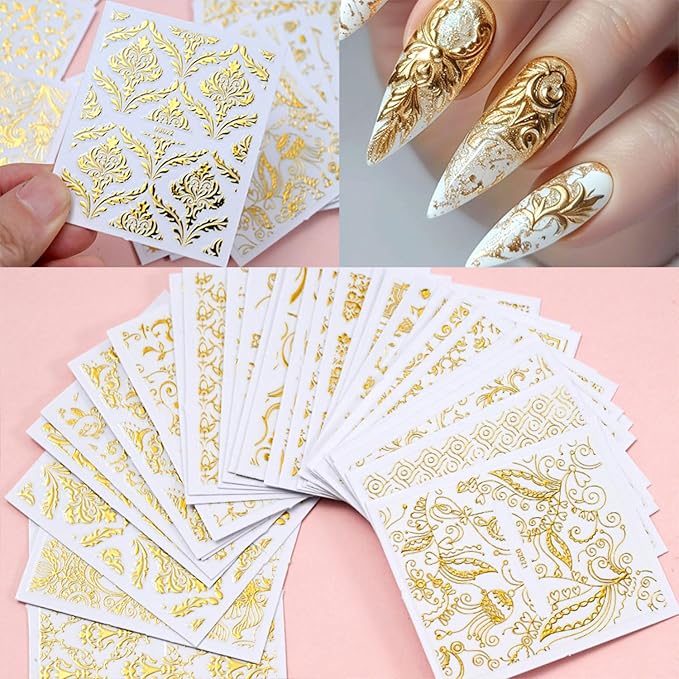 30 Sheets Gold Art Stickers Decals 3D Self-Adhesive Lace Decals Retro Flower Designs Nail Supplies Summer Nail Decoration DIY Nails Accessories for Women