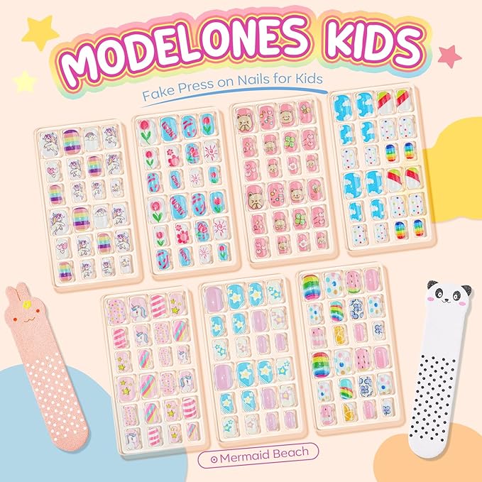 Modelones Press on Nails for Kids 144Pcs 6 Pack Children Acrylic Fake Nails Pre-glue Full Cover Glitter Color Unicorn Ocean Short False Nail Art Kits Sets Thanksgiving Christmas Gifts for Girls