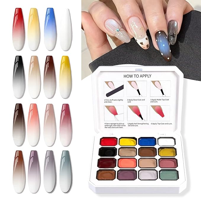 16 Colors Gradient Blooming Gel Nail Polish Palette, Aura Nail Art Kit for Blush Nails, Solid Creamy Gel for Ombre Nails, Sponge Patting Painting Gel, UV/LED Cured Nail Art Set for Beginners