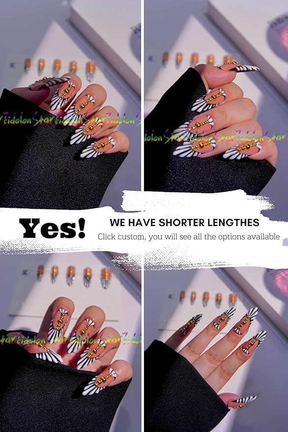 HAND-PAINTED White Press Ons Neon Small Press on Nails Long French Press on Nails Coffin Medium Short Nail art Fake Nail Art Kit with 7g Glue on Nails Handmade Almond Square Nails (TJ60, X-Small)