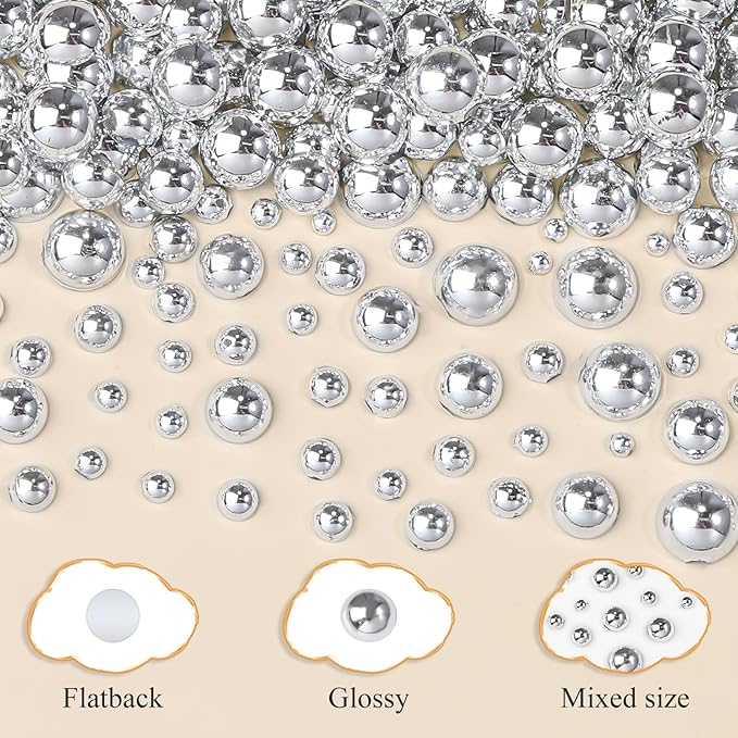 2160 Pcs Resin Half Round Pearls Kit, Mixed Sizes Flatback Silver Pearls, 3D Nail Decorations Pearls with Tweezers and Dual-end Brush for 3D Nail Crafts DIY, Face Makeup Gems Jewels(29-K1-2)
