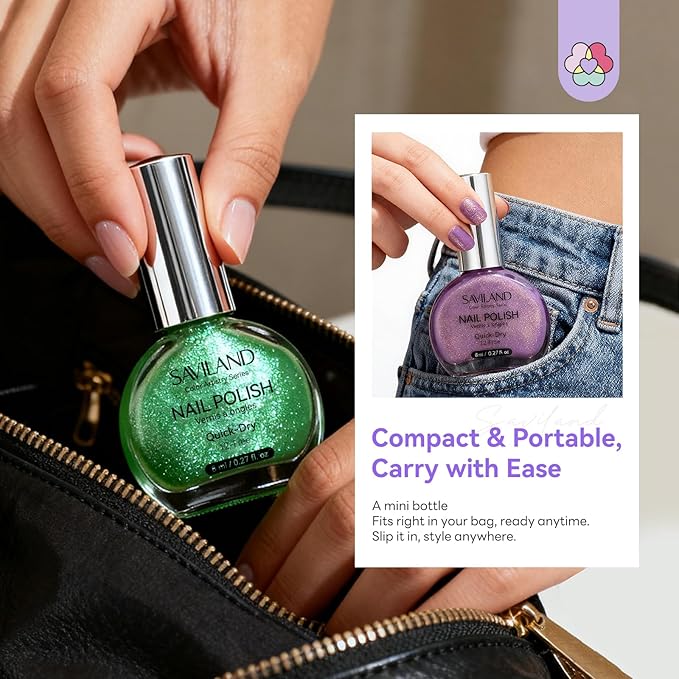 SAVILAND Nail Polish Set: Quick Dry Nail Polish 12-Free Colors Glitter Nails Polish Mermaid Pearl Top Coat Polish for Women Girls Clean Nails Nail Art DIY Home Gift