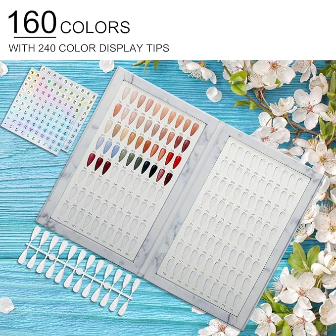 160 Nail Color Book,with 240 Flase Tips & 1-200 Number Sticker Labels,Professional Nail Color Swatches Book for Polish UV Gel(White)