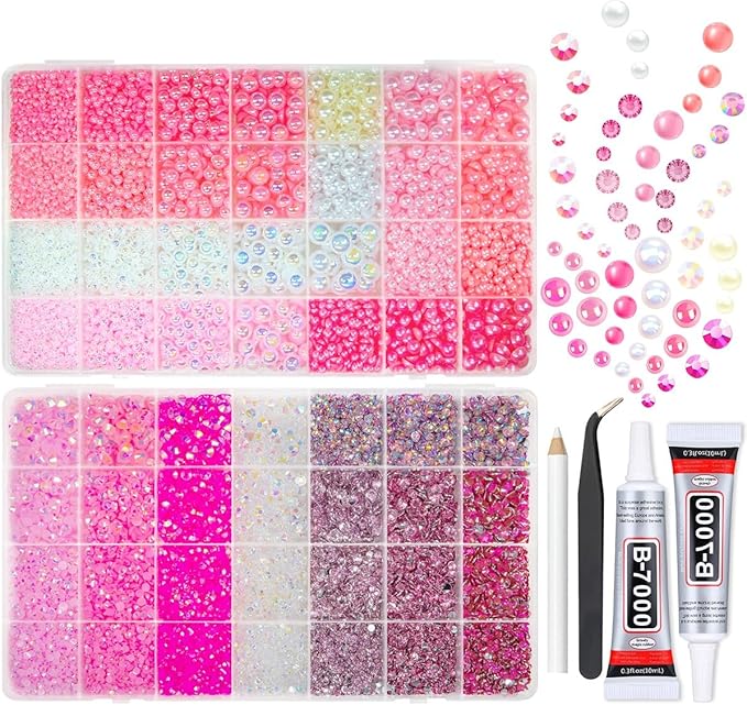 2 Big Boxes Pink Resin Pearls and Rhinestones w B7000 Glue for Bedazzling Crafting Flatback Stones Gems Diamonds Half Pearls Bedazzler Kit for Nails Eyes Face Makeup Tumblers Bottles Crafts﻿