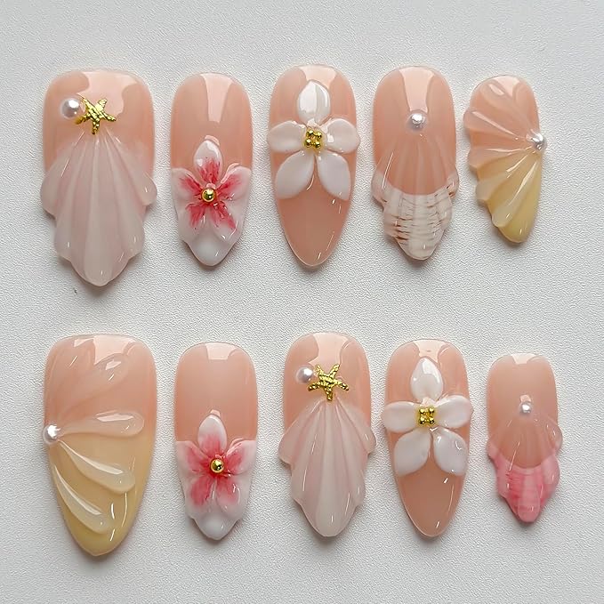 Luxury Press on Nails Medium Almond Handmade 3D Unique Reusable ABS Material Fake Nails French Tip False Nails with Designs Floral Pearls Summer Glossy Glue on Nail Thick Acrylic Nail(M)