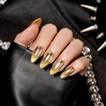 VSALON Press on Nails Medium Almond - Metallic Golden Ombre Cat Eye Glue On Nails for Women, Opaque Sparkle Salon Quality Fake Nails - 32 PCS Stick on Nails in 16 Sizes with Glue & Cuticle Oil