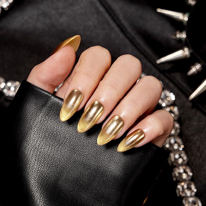 VSALON Press on Nails Medium Almond - Metallic Golden Ombre Cat Eye Glue On Nails for Women, Opaque Sparkle Salon Quality Fake Nails - 32 PCS Stick on Nails in 16 Sizes with Glue & Cuticle Oil