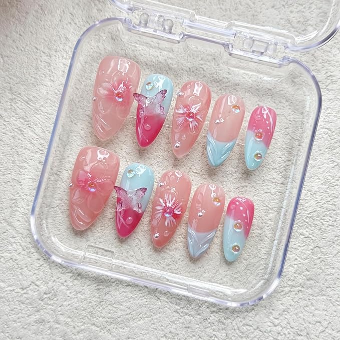 Blue French Press on Nails Handmade Medium Almond Nails with Glue,Nude Fake Nails with 5D Flower Art ＆ Butterfly Charm Design Muti-Layer Gel Handmade Nail Nature False Nails for Wome (Size S)