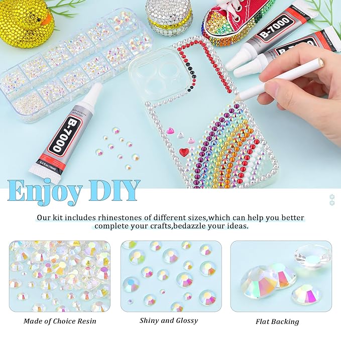 12000Pcs Resin Rhinestones for Bedazzling with 3Pcs B7000 Jewelry Glue, 2 Boxes Transparent AB Flatback Rhinestones for Crafting Crafts DIY, Crystals Gems for Clothing Shoes Tumblers Nail Art Makeup