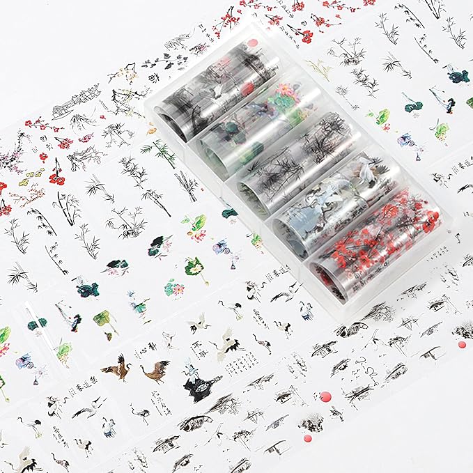 DANNEASY 15 Rolls Nail Art Foil Transfer, Landscape Painting Nail Foil Wraps Bamboo, Flowers, Cranes, Plum Blossoms Stickers Starry Sky Holographic Nail Foils for Women Nails Supplies