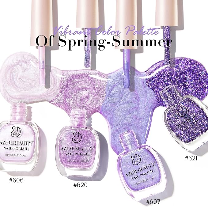 AZUREBEAUTY Nail Polish Set Fast Drying Glitter Pink Purple Spring Summer 4 Colors Lilac Nail Polish Natural Nail Lacquer Fingernail Kit with Top Coat DIY Salon Home