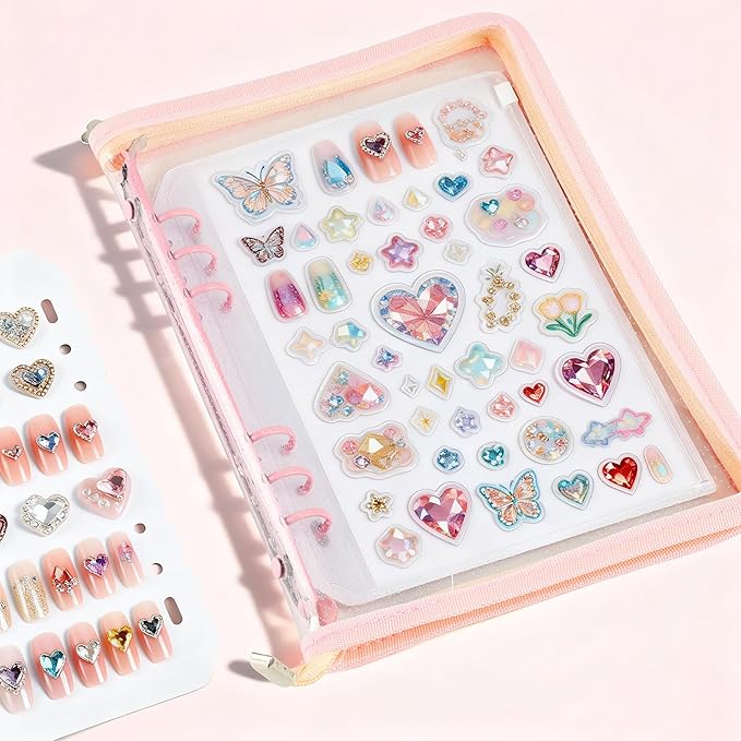 18PCS Press On Nail Organizer Clear Empty Press on Nail Packaging Set with 8 Insert Pages,8 nail double tape and 1 Zipper Pocket for Fake Nail Storage Nail Art Salon (pink)