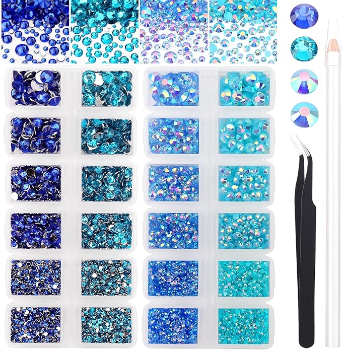 15000PCs 2-6MM Blue Series Resin Flat Back Rhinestones, Round Non Hotfix Jelly & Silver Bottom Resin Rhinestones Nail Gems Stones with Tweezer & Picker Pen for Nail Art Tumblers & DIY Crafts