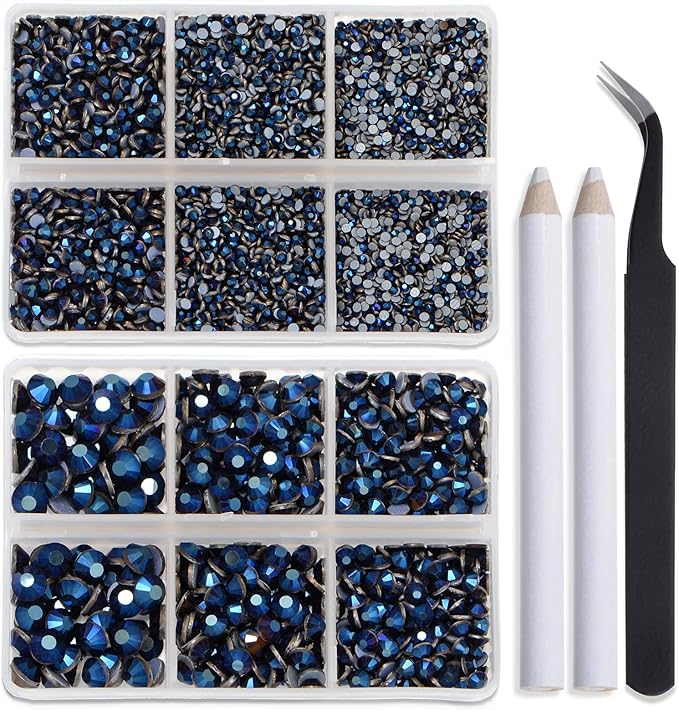 Bymitel Hotfix Crystal Rhinestones Round Gems for Crafts,Mixed 6 Sizes with Wax Pencil Kit, Mine Blue 1.6-6.3mm SS4-SS30/8000pcs