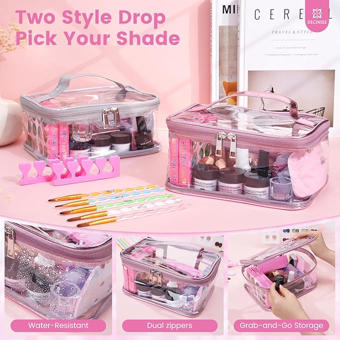 Nail Kit for Beginners with Everything: Professional Nail Acrylic Powder Liquid Set with Practice Finger Drill U V Light in Makeup Bag for Women Salon Home (Pink)