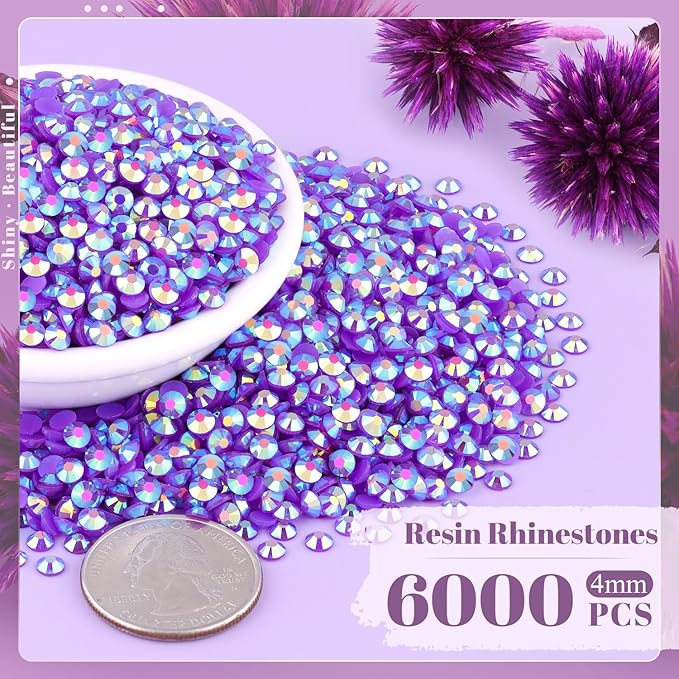 6000PCS 4mm Resin Jelly Rhinestones in Bulk (Dark Purple AB), Bedazzling Flatback Crystals Rhinestones for Crafting DIY Nail Decoration, Gems Diomand Charms for Tumbler Shoes Clothing Fabric