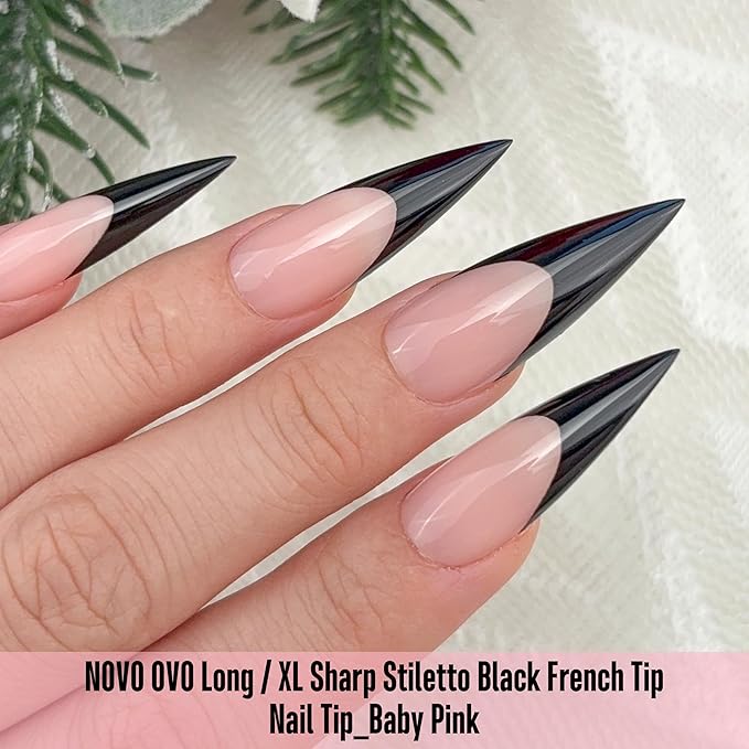 NOVO OVO Black French Tip Long XL Sharp Stiletto Nail Tips Press on BABY PINK, Soft Gel Double Matte Fake Nail Extension, Full Cover False Nails for Acrylic DIY x 16 Sizes 160 pcs