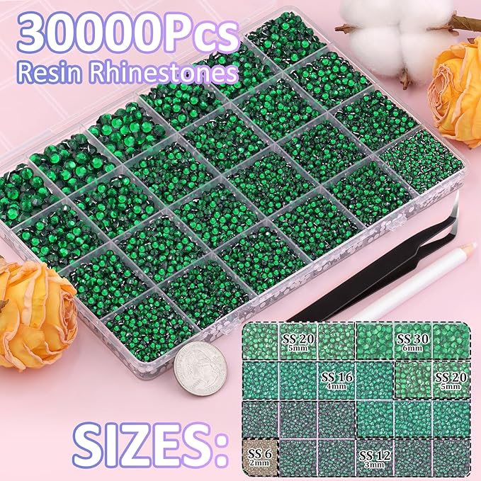 30000Pcs Emerald Green Rhinestones for Bedazzling with B7000 Jewelry Glue, Bedazzler Kit Bulk Flatback Gems, Resin Rhinestones for Crafting Crafts Clothing Shoes Nail Art Assorted Size 2/3/4/5/6mm
