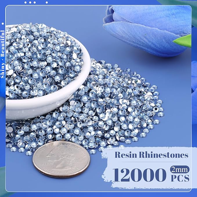 12000PCS 2mm Resin Rhinestones in Bulk (Light Blue), Bedazzling Flatback Crystals Rhinestones for Crafting DIY Nail Decoration, Gems Diomand Charms for Tumbler Shoes Clothing Fabric