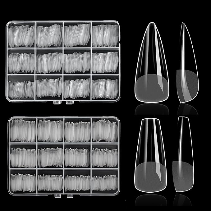 480PCS Nail Tips Clear False Nails Full Cover for Acrylic Fake Nails Kit 12 Sizes 2 Shapes Medium Coffin Medium Stiletto Pre-Shape for Salon Home DIY Gifts