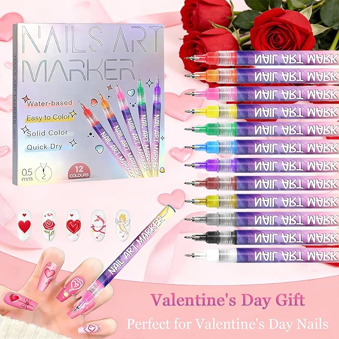 12 Color Nail Art Pens Set, 2026 New Nail Markers, 3D Waterproof & Quick-Dry 0.5mm Nail Polish Pens, Nail Art Marker Graffiti Dotting Pen for Nails Art Design Manicure Nail DIY Decoration