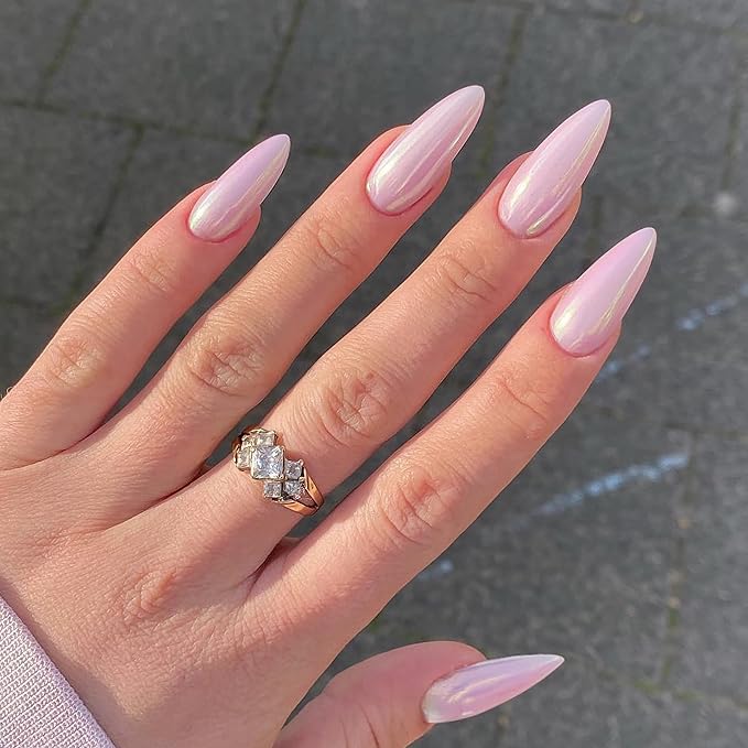 Chrome Press On Nails Almond, Glazed Light Pink Glue on Nails Medium Press Ons, Acrylic Natural Fit Stick on Nails in 12 Sizes - 24Pcs Fake Nail Kit for Women Daily & Party Wear