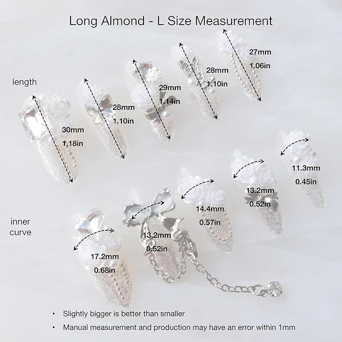 Luxury Long Almond Press-On Nails, 3D White Roses with Silver Glitter, Pearl and Rhinestone Decorations, Handmade False Nail 10 Pieces (Large, LS)