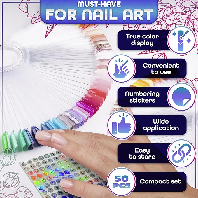 50 Pcs Clear Nail Swatch Sticks - Transparent Acrylic Swatches for Gel Polish - Practical Tools for Color Matching with Numbered Tips & Metal Ring | Works with Charms and Nail Art Striping Tape Lines