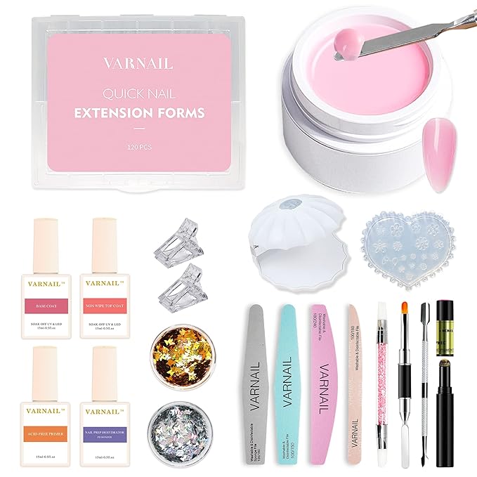 VARNAIL Nail Extension Kit Solid Building Gel, Non-sticky Nail Building Gel with Basic Gel and Tools, Lamp, Accessories, Poly Gel Kit for Beginners Nail Art DIY Home (Pink Gel)