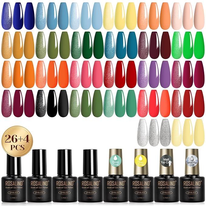 ROSALIND 30PCS Gel Nail Polish Set with Base Glossy Matte and Glitter Top Coat Gel Polish, Orange Green Fall Winter Gel Nail Set Soak Off Gel Polish Set