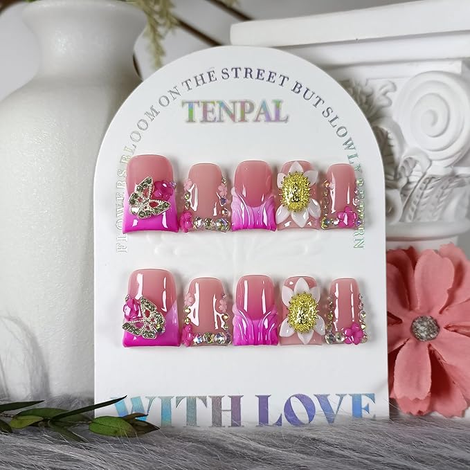 Duckbill Press on Nails,Glossy Pink French Tip Fake Nails with 3D Butterfly & Rhinestone Design,10PCS Glitter False Nails for Everyday Wear Party Vacation Work,Duck Shape Glue on Nails(L)