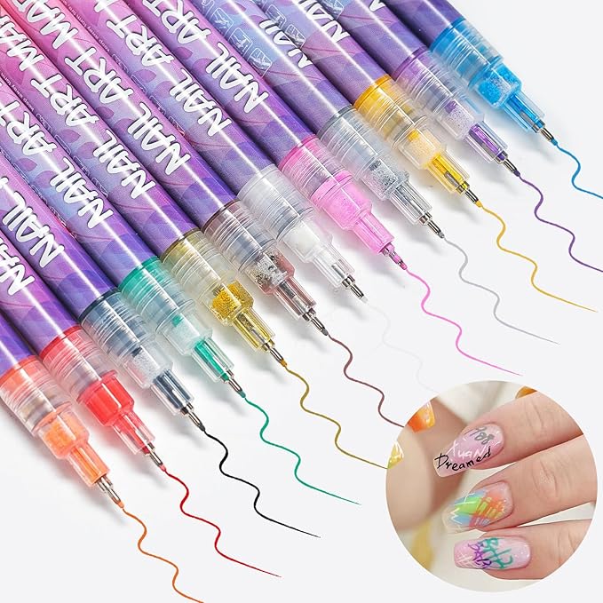 12 Color Nail Art Pens 0.5 MM Nail Polish Pens Set Nail Point Graffiti Dotting Pen + 24 Pcs Template Stickers Drawing Painting Lines DIY Manicure Art Waterproof and Quick-drying Nailart Markers Kit