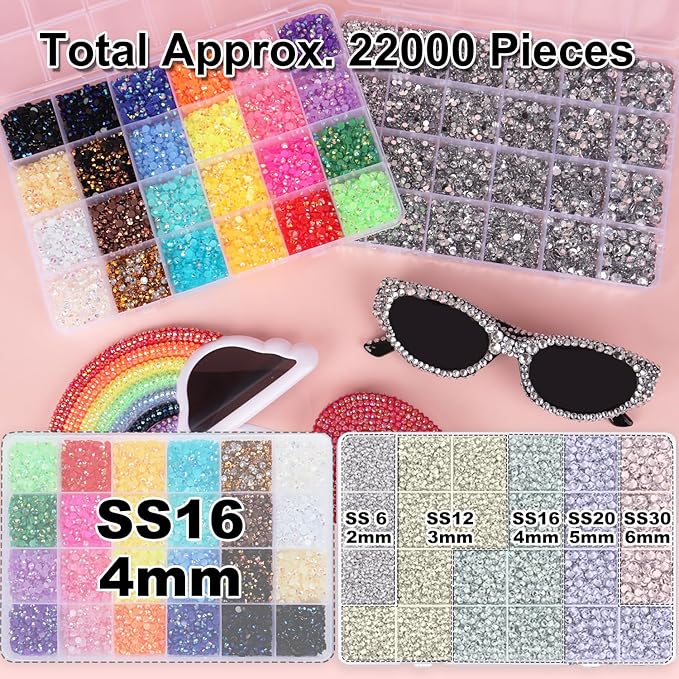 2 Boxes Rhinestones for Bedazzling Kits, Multicolor 4mm & Silver Clear 2/3/4/5/6mm Resin Flatback Gems for Diamond Art, Bedazzler Kit with 3Pcs 10ml B7000 Jewelry Glue for DIY Crafting Crafts Decor
