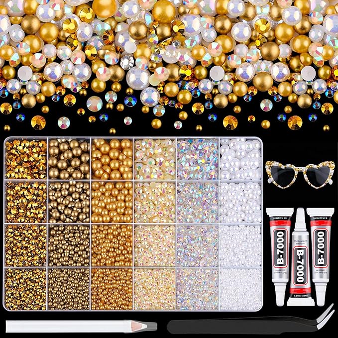 14000Pcs Flatback Pearls and Rhinestones for Crafting, White Brown Mixed Size 3-8mm Resin Rhinestones and Half Pearls for Bedazzling, Nail Art and Decoration with 3pcs B7000 Jewelry Glue