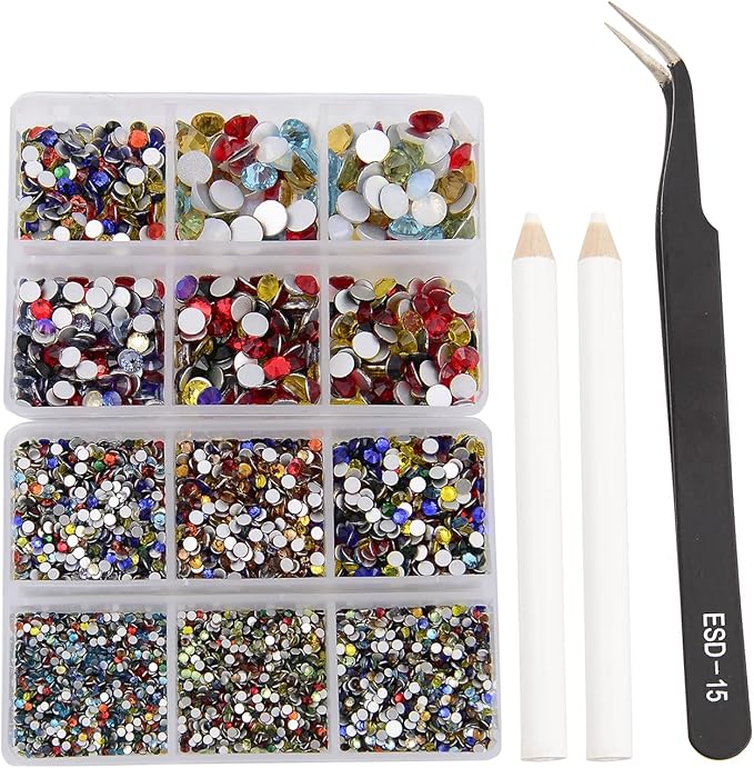 NCB 8000pcs Non Hotfix Rhinestones 10 Sizes Flatback Crystal Glass Rhinestones with Tweezers and Picking Pen for Nail Art Clothes Bags Phone Decorations Crafts DIY (000 Multicolors Mix SS3-SS30)