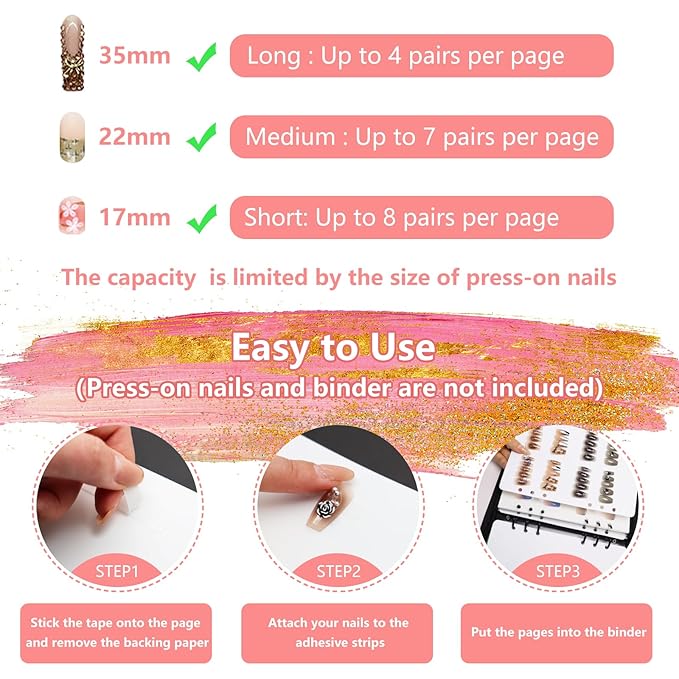 KEIFIN 6 PCS Blank Refill Sheets for Press On Nail Storage Organizer Binder A5 Plastic Insert Pages for Fake Nail Swatch Container Book Polish Color Display Holder with 60 Pcs Tape Strips (WHITE)
