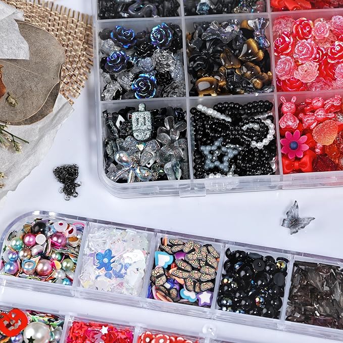 1400 Pieces 3D Butterfly Rose Flower Bow Rabbit Bear Nail Charms Kit with Nail Art Rhinestones Pearls Crystal Gems Nail Slices for Manicure DIY Crafts Jewelry Accessories (Black Red)