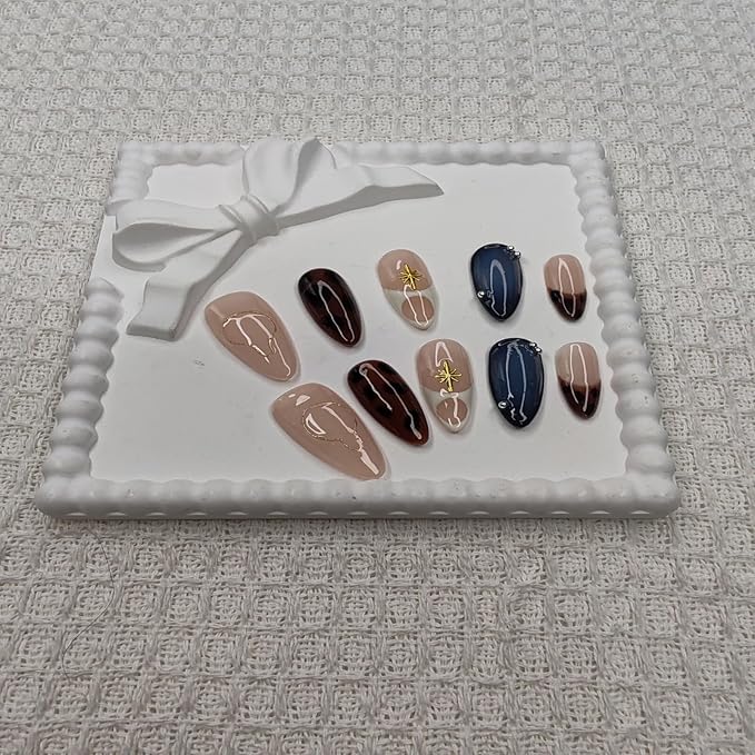 Handmade Nails Almond Shape Ins Style Gilded Star Accents French Details Leopard Print Patterns Nude Pink & Navy Blue Base Glossy Surface Fashion Manicure Wear Press on Nails 10 pcs (M)