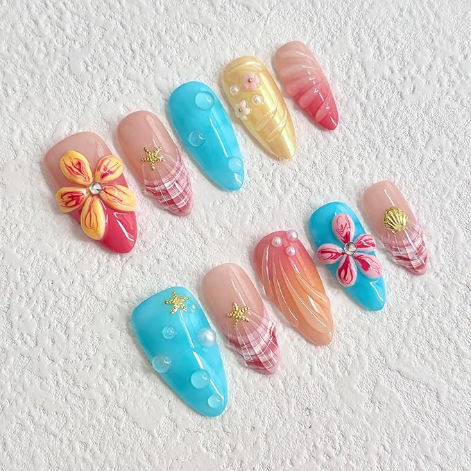 Luxury Press on Nails Medium Almond Handmade 3D Unique Reusable ABS Material Fake Nails French Tip False Nails with Designs Hawaii Ocean Flower Art Petal Glossy Glue on Nails Thick Acrylic Nails(M)