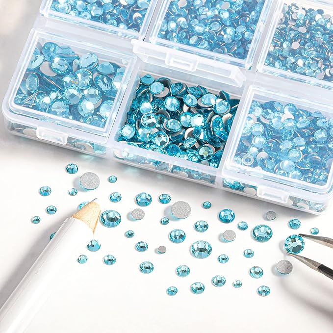 Beadsland 4300pcs Flatback Rhinestones,Blue Rhinestone Nail Gems Round Crystal Rhinestones for Crafts,Mixed 6 Sizes with Picking Tweezers and Wax Pencil Kit, SS6-SS20,Aquamarine